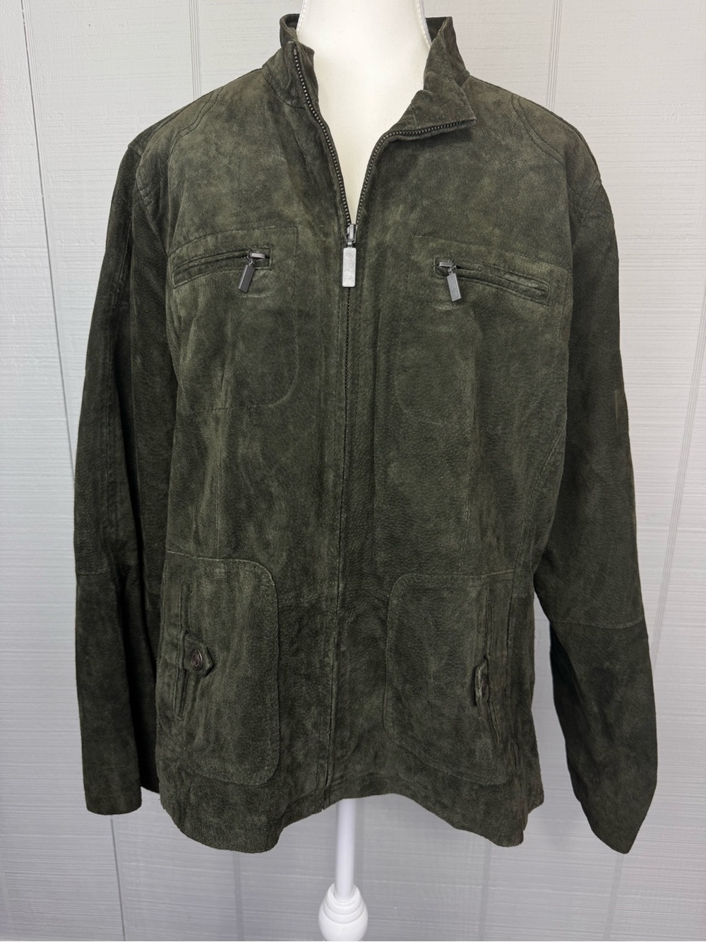 Ruff Hewn Olive Green Suede Leather Field Jacket Zip Up Funnel Collar Pockets XL